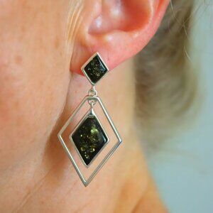 Baltic Green Amber Statement Earrings in Sterling Silver